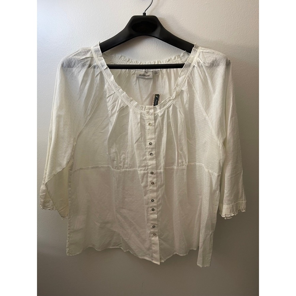 Avenue White Swiss Dot Peasant Blouse 3/4 Sleeve Ruffle Neck Button Up 22/24 NEW